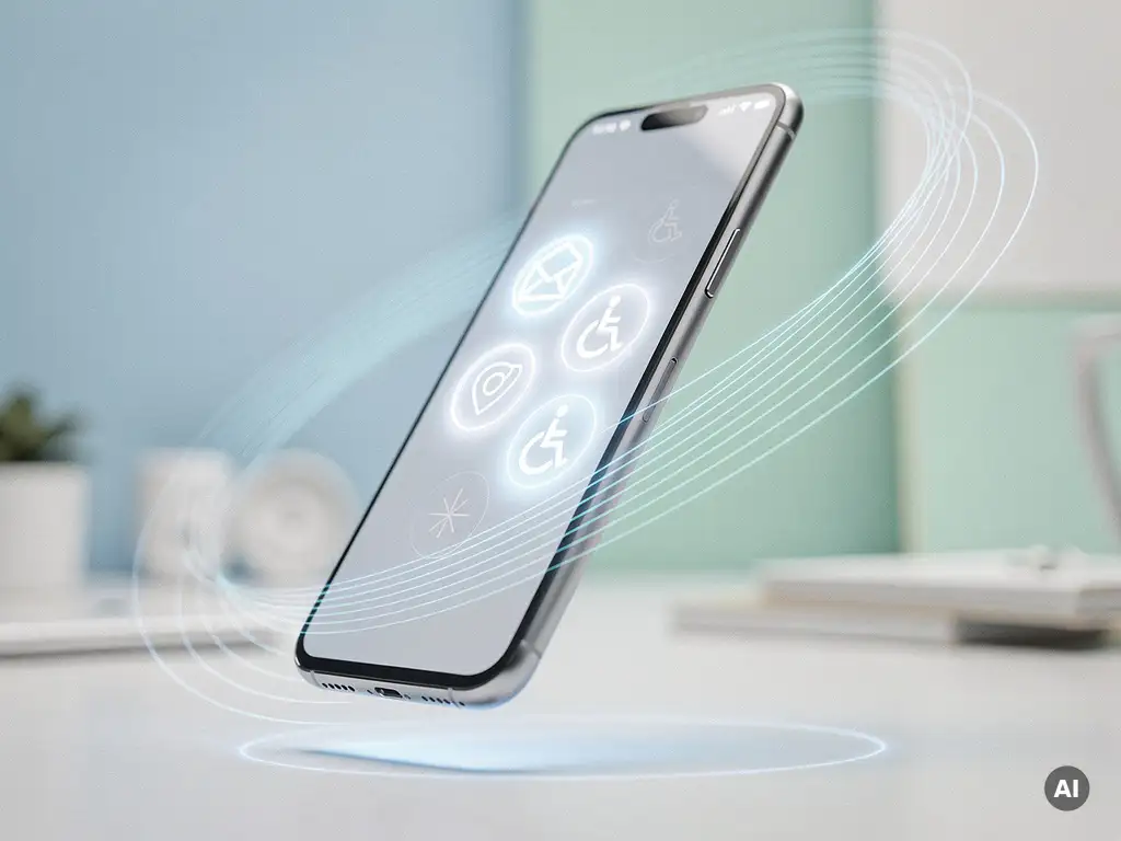 Schwebendes futuristisches Smartphone mit leuchtenden Barrierefreiheitssymbolen auf dem Display, holografische Scanlinien, moderner Workspace-Hintergrund.