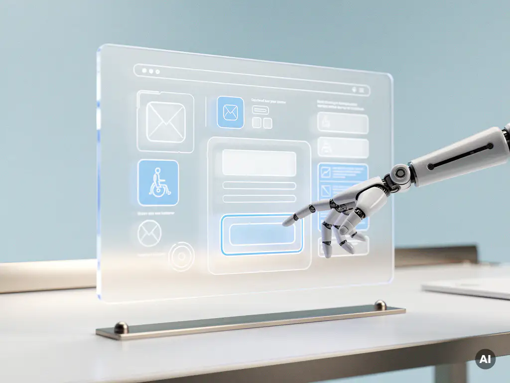 Futuristisches Accessibility-Testing-Interface mit leuchtendem Panel, Wireframe-Webseitenstruktur und Roboterarm, der eine Schaltfläche markiert.