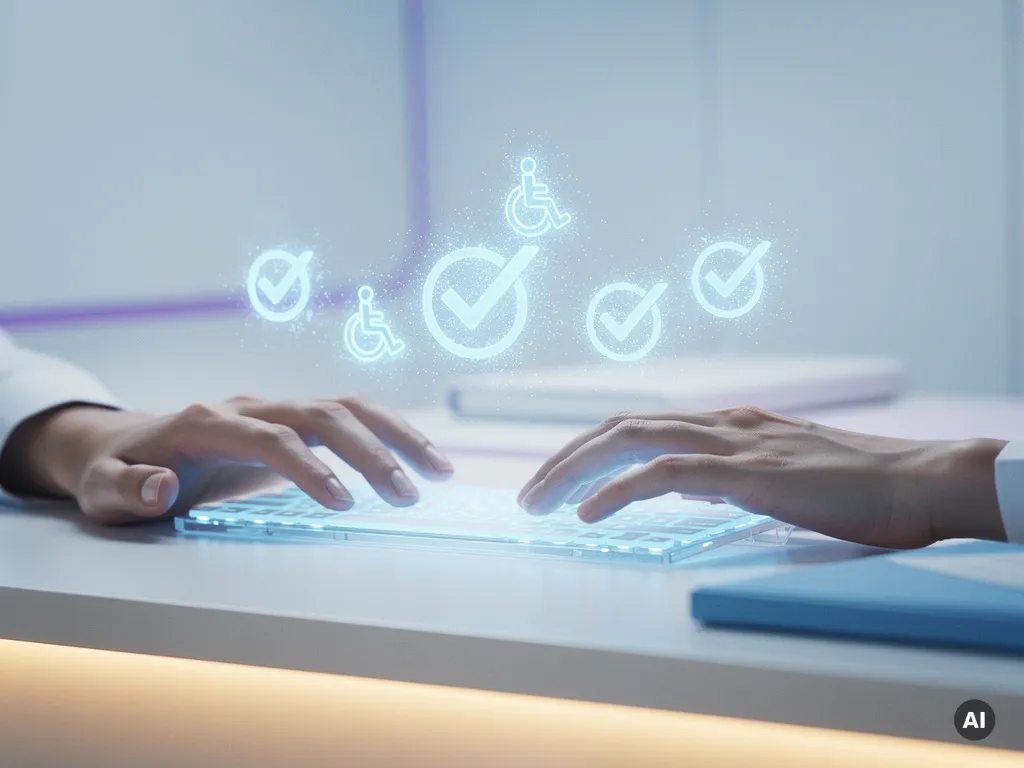 Entwicklerhände über holografischer Tastatur mit leuchtenden WCAG-Barrierefreiheitssymbolen in futuristischem Arbeitsbereich.