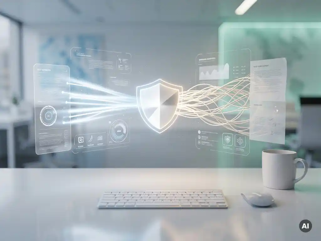 Holografisches Compliance-Dashboard über weißem Schreibtisch mit leuchtendem Schutzschild-Symbol in Blau- und Mintgrüntönen.