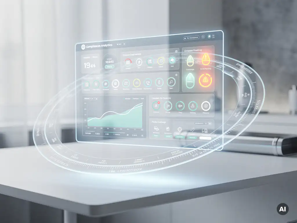 Holografisches Compliance-Dashboard mit Warnindikatoren und orbitaler Zeitlinie in arktischem Blau und Weiß.