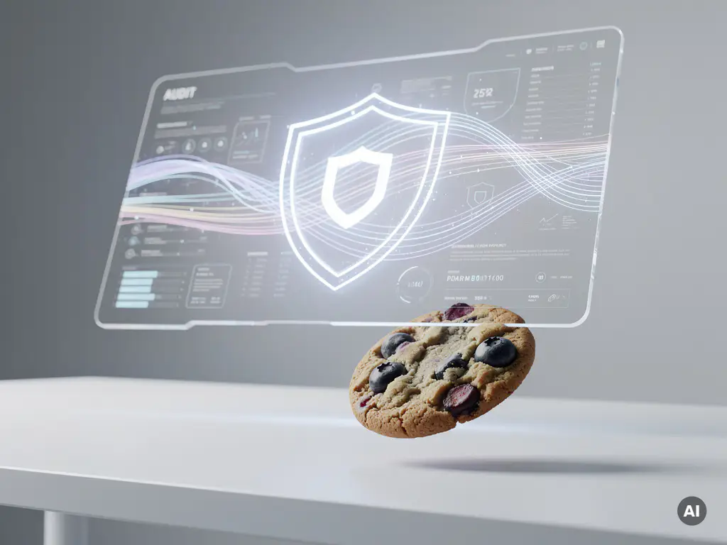 Holografisches Compliance-Dashboard mit Datenschutzschild und schwebendem Cookie über weißem Schreibtisch in kühlem Blau-Violett-Licht.