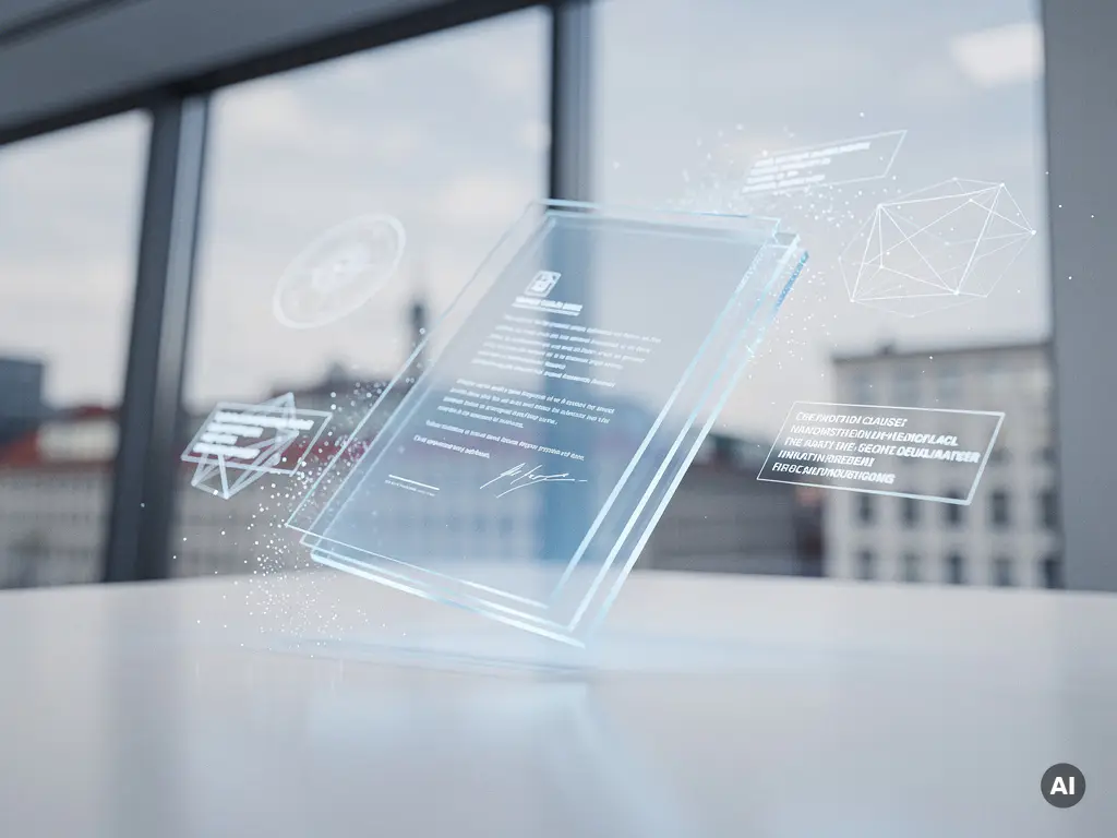 Transparentes, leuchtendes Digitaldokument schwebt über einem weißen Schreibtisch in einem modernen Hamburger Büro mit holografischen Elementen.