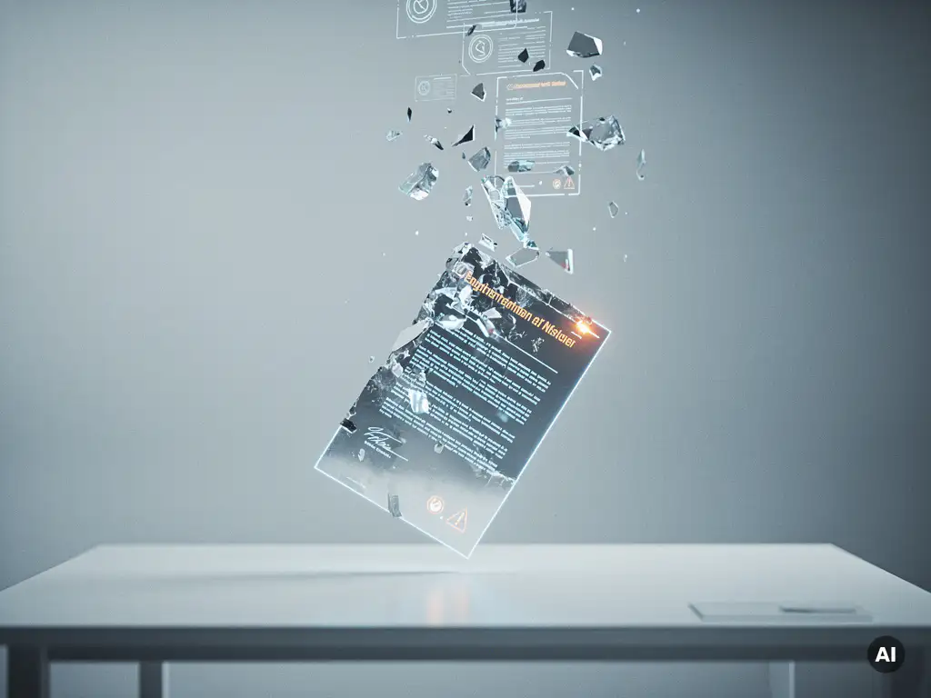 Digitales Rechtsdokument zerfällt in leuchtende Fragmente über einem weißen Schreibtisch, holografische Compliance-Visualisierung in Blau und Amber.