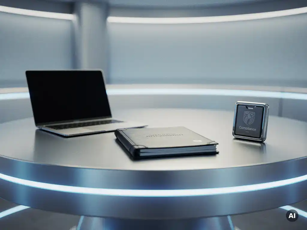Futuristischer Kreistisch mit Laptop, Rechtsordner und Compliance-Abzeichen in blauem Neonlicht, moderne KI-Rechtstechnologie.