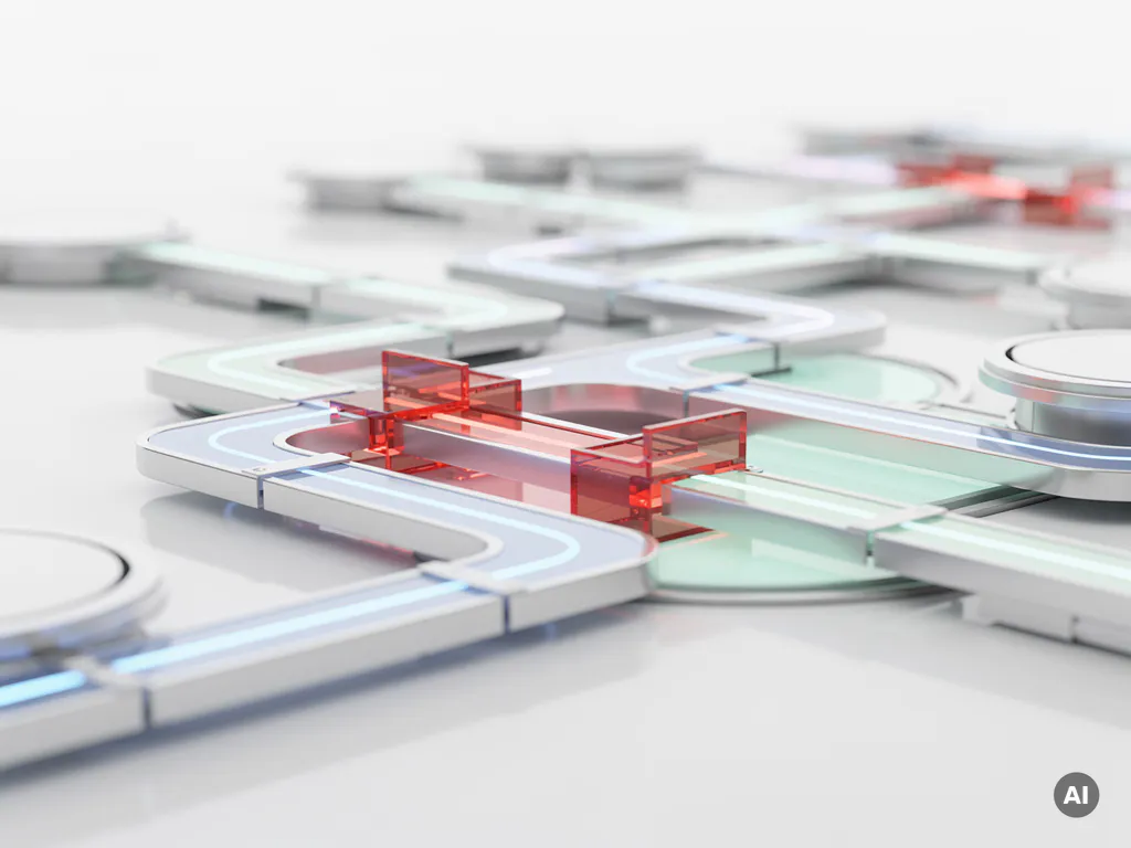 Futuristische 3D-Navigationsstruktur mit leuchtend blauen und roten Pfaden, die blockierte Website-Navigation symbolisiert.