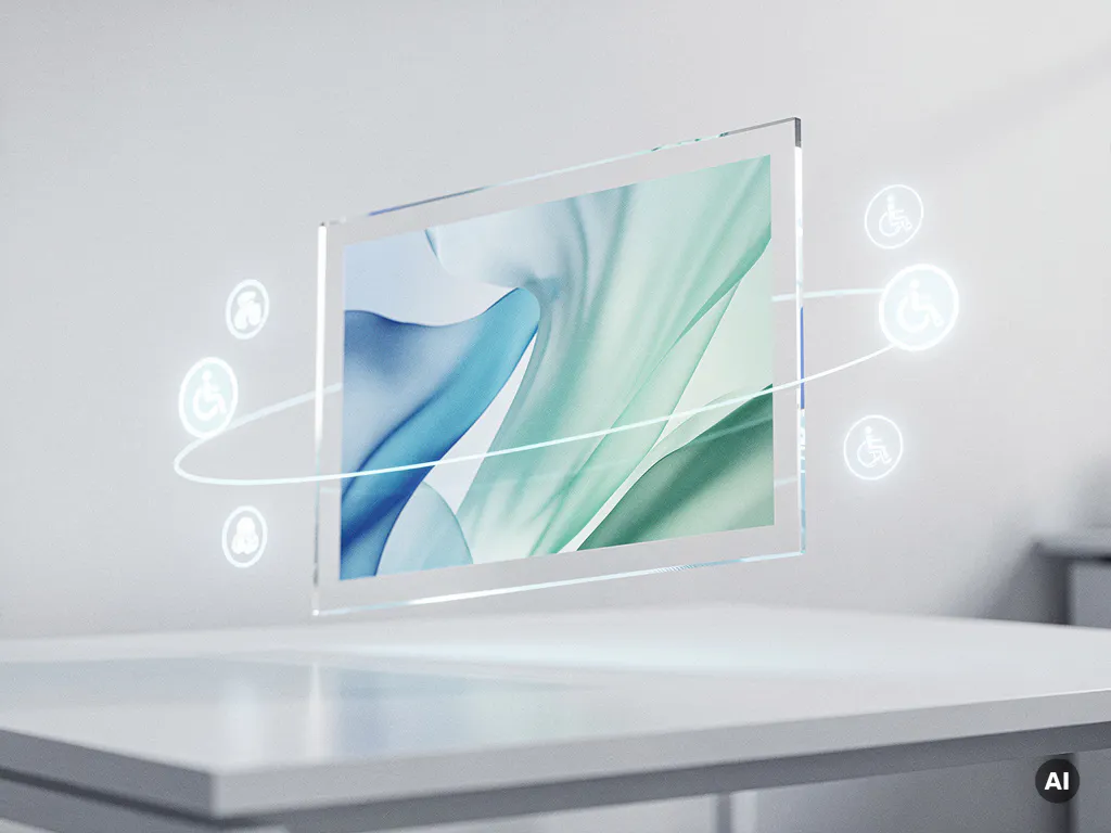 Holografischer Bilderrahmen schwebt über weißem Minimalismus-Schreibtisch mit leuchtenden Barrierefreiheitsindikatoren in Arktikblau und Mintgrün.