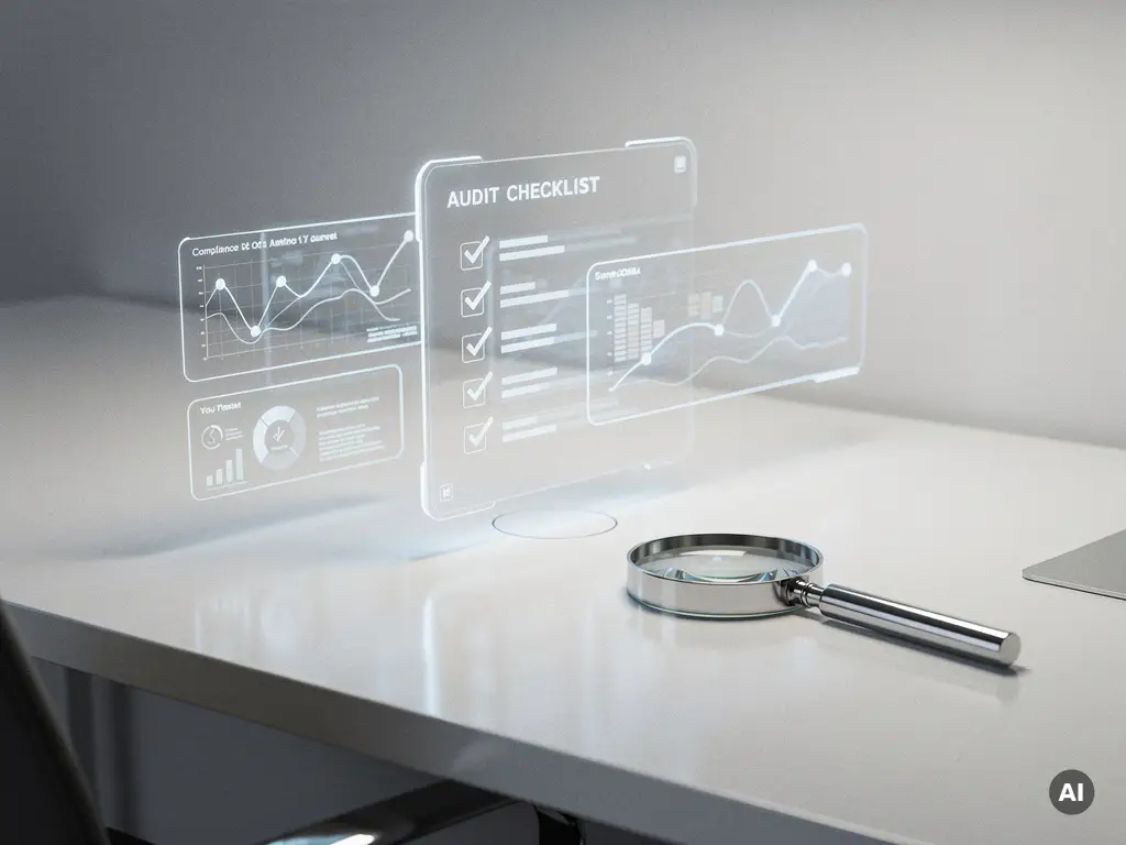 Holografische Audit-Checkliste über einem minimalistischen weißen Schreibtisch mit Lupe, leuchtende Compliance-Panels in Eisblau und Silber.