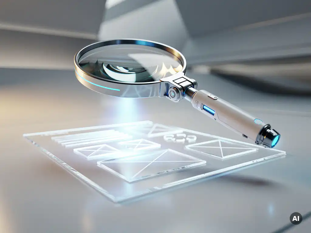 Futuristisches Roboter-Lupenglas scannt leuchtendes Website-Wireframe mit blauem Laserstrahl in minimalistischer Umgebung.