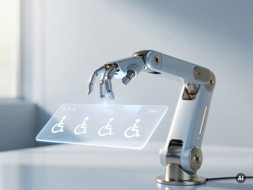 Roboterarm überprüft Barrierefreiheitssymbole auf einem leuchtenden Website-Interface in minimalistischer futuristischer Umgebung.