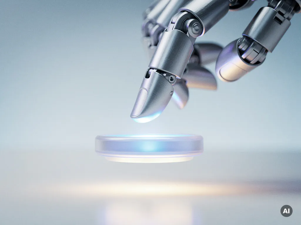 Roboterfinger kurz vor dem Berühren eines leuchtenden, schwebenden Buttons in futuristischer Umgebung mit eisblauem Licht.