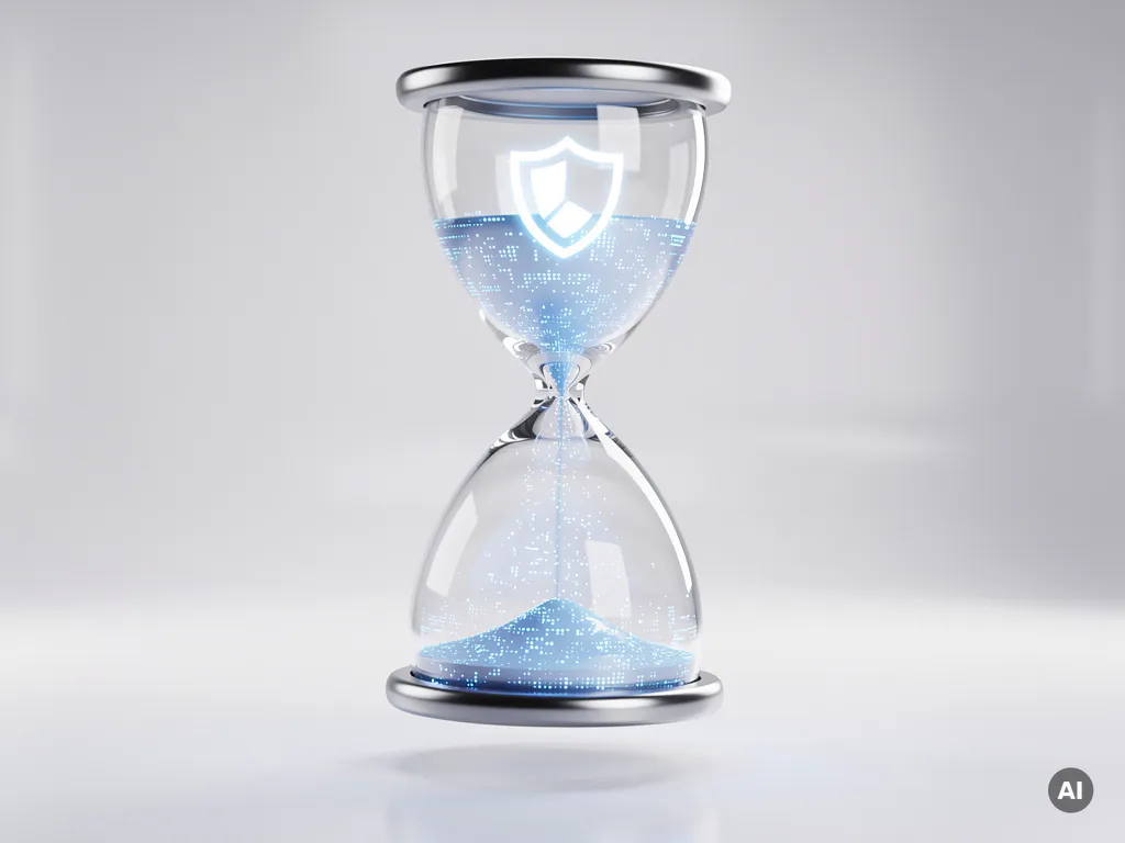 Transparente Sanduhr mit leuchtend blauen digitalen Partikeln und eingebettetem Schild-Symbol in futuristischer weißer Umgebung.
