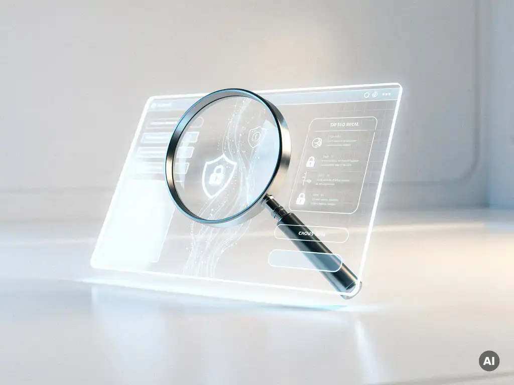 Futuristische Lupe über leuchtendem Website-Interface mit digitalen Schutzschilden und Datenströmen in blau-weißem Studio-Setting.
