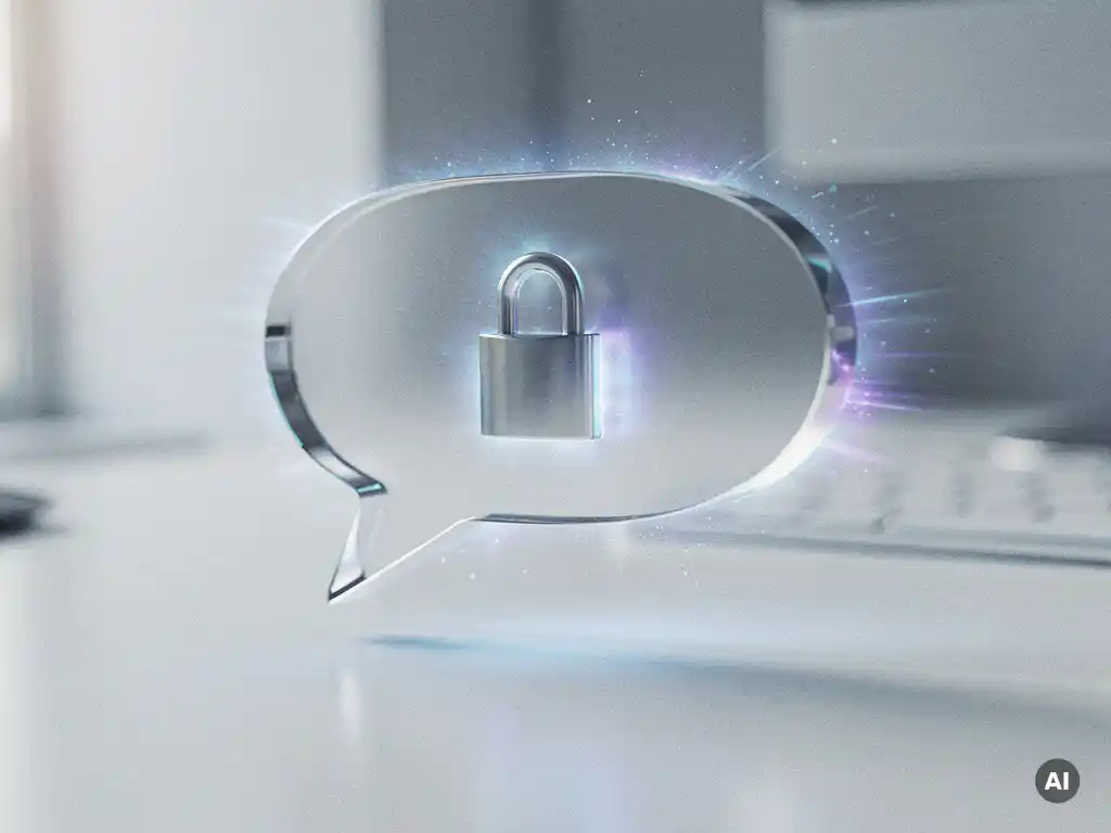 Futuristische Chatblase aus Mattglas mit leuchtendem Vorhängeschloss, schwebend über weißem Schreibtisch in holografischem Blaulicht.